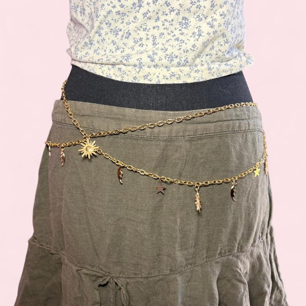 Gold-tone double-layer waist chain with sun, moon & star charms boho y2k fairy